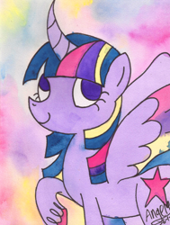 Size: 2448x3240 | Tagged: safe, artist:grocerystorephobic, imported from derpibooru, twilight sparkle, alicorn, pony, female, mare, rainbow power, solo, traditional art, twilight sparkle (alicorn), watercolor painting