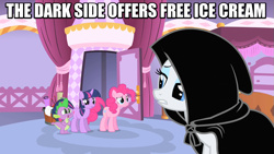 Size: 947x533 | Tagged: safe, imported from derpibooru, screencap, pinkie pie, rarity, spike, twilight sparkle, cloak, clothes, image macro, meme, star wars