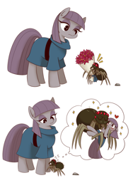 Size: 1000x1327 | Tagged: dead source, safe, artist:umeguru, artist:うめぐる, imported from derpibooru, fuzzy legs, maud pie, pony, spider, blushing, cargo ship, clothes, comic, crack shipping, female, heart, mare, pictogram, shipping, simple background, spiderbro, thought bubble, white background