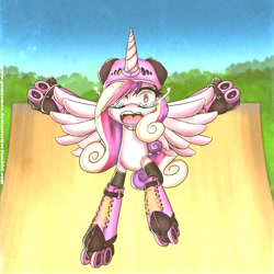 Size: 1500x1500 | Tagged: safe, artist:gamermac, imported from derpibooru, princess cadance, crying, female, helmet, ponies in roller skates, roller skates, scared, solo