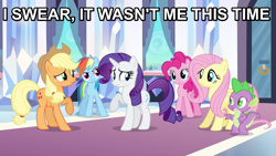 Size: 960x540 | Tagged: safe, edit, edited screencap, imported from derpibooru, screencap, applejack, fluttershy, pinkie pie, rainbow dash, rarity, spike, fart joke, image macro, implied farting, meme, toilet humor