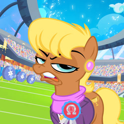 Size: 800x800 | Tagged: safe, artist:pixelkitties, imported from derpibooru, ms. harshwhinny, equestria games (episode), archery, equestria games, faic, female, ice arrows, looking at you, open mouth, ribbon, solo, stadium