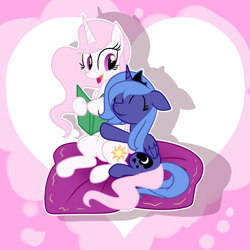 Size: 800x800 | Tagged: safe, artist:zenderman32, imported from derpibooru, princess celestia, princess luna, book, cewestia, eyes closed, filly, open mouth, pillow, reading, woona, younger