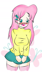 Size: 1249x2145 | Tagged: safe, artist:banchousaito, imported from derpibooru, fluttershy, human, blushing, breasts, busty fluttershy, clothes, fangs, female, humanized, miniskirt, skirt, socks, solo, stockings, sweater, sweatershy, thigh highs