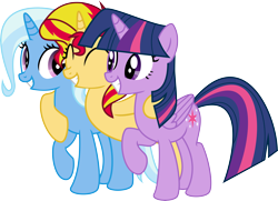 Size: 10472x7580 | Tagged: safe, artist:elsia-pony, imported from derpibooru, sunset shimmer, trixie, twilight sparkle, alicorn, pony, unicorn, .svg available, absurd resolution, counterparts, female, friendship, hug, magical trio, simple background, svg, transparent background, trio, trio female, twilight sparkle (alicorn), twilight's counterparts, vector