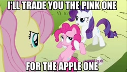 Size: 768x432 | Tagged: safe, imported from derpibooru, fluttershy, pinkie pie, rarity, image macro, meme