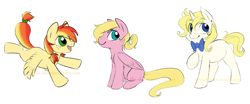 Size: 1200x500 | Tagged: safe, artist:the-chibster, imported from derpibooru, oc, oc only, pegasus, pony, unicorn, bow, colt, filly, fluffy, flying, freckles, hubbyjack, magical lesbian spawn, male, offspring, open mouth, parent:applejack, parent:fluttershy, parent:rainbow dash, parent:rarity, parents:appledash, parents:appleshy, parents:rarijack, sitting, smiling