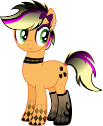 Size: 3000x3638 | Tagged: dead source, safe, artist:theshadowstone, imported from derpibooru, applejack, earth pony, pony, alternate hairstyle, bow, choker, ear piercing, eyeshadow, female, fishnets, goth, gothic, high res, mare, piercing, ponymania, simple background, smiling, soft butch, solo, tail wrap, tattoo, transparent background, vector