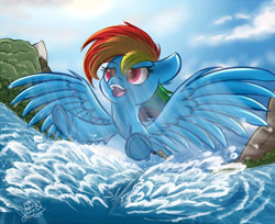 Size: 1100x899 | Tagged: safe, artist:jigglybelle, imported from derpibooru, rainbow dash, pegasus, pony, female, flying, solo, underhoof, water