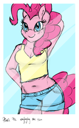 Size: 2500x4000 | Tagged: safe, artist:lisa400, imported from derpibooru, pinkie pie, anthro, armpits, belly button, cleavage, clothes, female, midriff, muffin top, plump, polaroid, pose, shorts, sketch, solo, tanktop