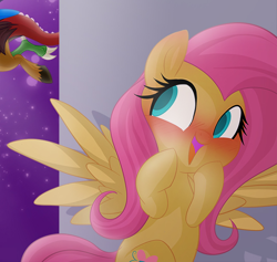 Size: 540x511 | Tagged: safe, artist:falleninthedark, artist:stepandy, imported from derpibooru, discord, fluttershy, draconequus, pegasus, pony, blushing, cropped, duckery in the description, open mouth, smiling, spread wings, squee, wings