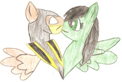 Size: 1216x816 | Tagged: safe, artist:5raptor5, imported from derpibooru, pegasus, pony, boop, crossover, jade, jade (mortal kombat), mortal kombat, noseboop, ponified, scorpion (mortal kombat), shipping, traditional art