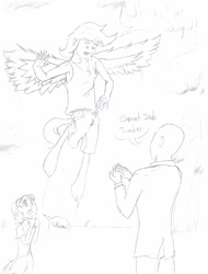 Size: 3667x4830 | Tagged: safe, artist:vinny, imported from derpibooru, oc, oc only, oc:anon, oc:mumble, oc:timber, satyr, flying, group shot, monochrome, offspring, parent:fluttershy, parent:pinkie pie, pencil drawing, traditional art