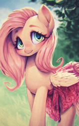 Size: 600x950 | Tagged: safe, artist:frali, imported from derpibooru, fluttershy, pegasus, pony, clothes, daily deviation, female, looking up, skirt, smiling, solo, wrong eye color