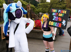 Size: 3000x2199 | Tagged: safe, imported from derpibooru, dj pon-3, rainbow dash, vinyl scratch, human, belly button, cosplay, fursuit, irl, irl human, midriff, photo