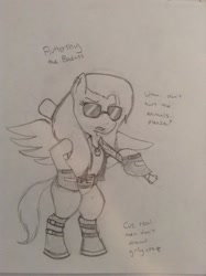 Size: 600x803 | Tagged: safe, artist:gathion, imported from derpibooru, fluttershy, pony, baseball bat, bipedal, female, monochrome, sketch, solo, sunglasses, traditional art