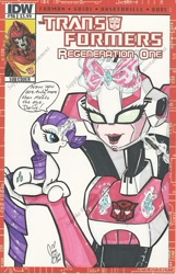 Size: 1024x1593 | Tagged: safe, artist:ponygoddess, idw, imported from derpibooru, rarity, pony, arcee, comic, hilarious in hindsight, holding a pony, rodimus prime, transformers, transformers animated