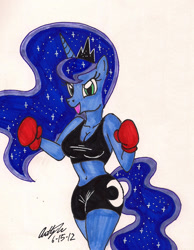 Size: 1107x1423 | Tagged: safe, artist:newyorkx3, imported from derpibooru, princess luna, anthro, belly button, box art, boxers, boxing, breasts, cleavage, clothes, female, midriff, simple background, solo, traditional art, underwear