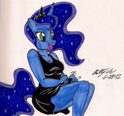 Size: 1025x965 | Tagged: safe, artist:newyorkx3, imported from derpibooru, princess luna, anthro, cleavage, clothes, dress, female, simple background, solo, traditional art