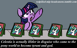 Size: 720x452 | Tagged: safe, imported from derpibooru, princess celestia, twilight sparkle, alicorn, pony, unicorn, :o, bipedal, der fuehrer's face, female, glare, gray background, headcanon, mare, meta, nazi, open mouth, parody, picture, redpilled-mlp-headcanons, sieg heil, simple background, smiling, solo, text, the fuehrer's face, underhoof, unicorn twilight, xenolestia