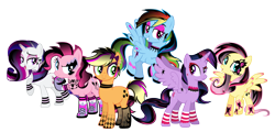 Size: 10454x5008 | Tagged: safe, artist:theshadowstone, imported from derpibooru, applejack, fluttershy, pinkie pie, rainbow dash, rarity, twilight sparkle, alicorn, pony, absurd resolution, fashion, female, goth, gothic, group, mane six, mare, ponymania, twilight sparkle (alicorn)