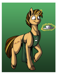 Size: 700x906 | Tagged: safe, artist:foxenawolf, imported from derpibooru, oc, oc only, oc:flapjack, pony, unicorn, fanfic:conversations in a canterlot café, apron, clothes, fanfic art, fluffy, magic, raised hoof, solo, teacup, telekinesis, unshorn fetlocks, wide eyes