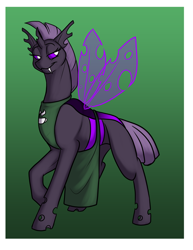 Size: 700x906 | Tagged: safe, artist:foxenawolf, imported from derpibooru, oc, oc only, oc:mixxitkl, changeling, fanfic:conversations in a canterlot café, apron, clothes, fanfic art, gradient background, purple changeling, solo