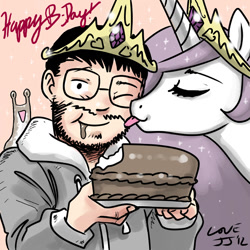 Size: 800x800 | Tagged: safe, artist:johnjoseco, imported from derpibooru, princess celestia, human, slug, ask princess molestia, princess molestia, birthday, cake, happy birthday, kissing, slugbox