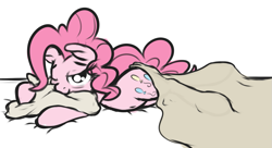 Size: 1071x583 | Tagged: safe, artist:mostazathy, imported from derpibooru, pinkie pie, earth pony, pony, blanket, cute, diapinkes, female, mare, one eye closed, pillow, prone, simple background, sleepy, solo