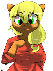 Size: 800x1080 | Tagged: safe, artist:snorgastic, imported from derpibooru, applejack, anthro, breasts, busty applejack, clothes, female, simple background, solo