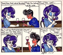 Size: 1432x1244 | Tagged: safe, artist:newyorkx3, imported from derpibooru, rarity, oc, equestria girls, comic, fruit, self insert, traditional art, wine, wine glass