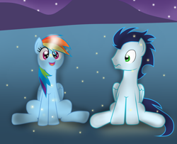 Size: 1024x830 | Tagged: safe, artist:rulette, imported from derpibooru, rainbow dash, soarin', firefly (insect), female, male, shipping, soarindash, straight