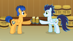 Size: 3840x2160 | Tagged: safe, artist:flashlighthouse, imported from derpibooru, flash sentry, soarin', barrels, cider