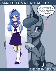 Size: 850x1082 | Tagged: safe, artist:applestems, artist:johnjoseco, imported from derpibooru, princess luna, human, ask princess molestia, gamer luna, clothes, cute, gamer luna fan art, humanized, lunabetes, schoolgirl, younger