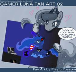 Size: 1000x941 | Tagged: safe, artist:johnjoseco, artist:playfulpossum, imported from derpibooru, princess luna, ask princess molestia, gamer luna, computer, controller, drink, drinking, gamer luna fan art, gaming, laptop computer, straw, television