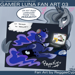 Size: 1000x1002 | Tagged: safe, artist:johnjoseco, artist:reggaecyp, imported from derpibooru, princess luna, ask princess molestia, gamer luna, computer, gamer luna fan art, gaming, heart, laptop computer, tongue out, vulgar