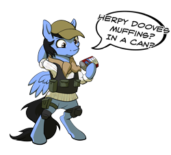 Size: 1200x1089 | Tagged: safe, artist:acesential, deleted from derpibooru, imported from derpibooru, oc, oc only, oc:neo miles, pegasus, pony, baseball cap, bipedal, bulletproof vest, can, clothes, confused, dayz, hat, hero, herpy dooves, hoof hold, knee pads, leg strap, muffin, pouch, scarf, shirt, simple background, solo, speech bubble, transparent background