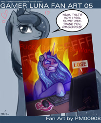 Size: 1200x1451 | Tagged: safe, artist:johnjoseco, artist:pm00908, imported from derpibooru, princess luna, ask princess molestia, gamer luna, computer, fire, gamer luna fan art, gaming, heart, rage, salt, vulgar