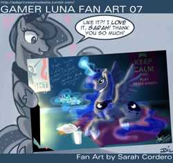 Size: 1280x1205 | Tagged: safe, artist:johnjoseco, artist:sarah cordero, imported from derpibooru, princess luna, ask princess molestia, gamer luna, controller, drink, gamer luna fan art, gaming, pillow, poster, television