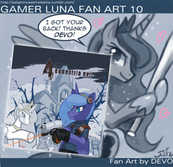 Size: 1000x964 | Tagged: safe, artist:devo, artist:johnjoseco, imported from derpibooru, princess celestia, princess luna, ask princess molestia, gamer luna, princess molestia, baseball bat, crossover, gamer luna fan art, gun, resident evil, resident evil 4