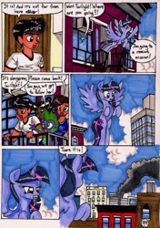 Size: 1375x1949 | Tagged: safe, artist:newyorkx3, imported from derpibooru, spike, twilight sparkle, oc, oc:crystal, oc:sonia, oc:tommy, alicorn, human, pony, comic:twilight and the big city, comic, crysmmy, female, flying, mare, non-mlp oc, self insert, traditional art, twilight sparkle (alicorn)