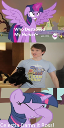 Size: 426x853 | Tagged: safe, edit, edited screencap, imported from derpibooru, screencap, twilight sparkle, alicorn, cat, human, pony, unicorn, twilight's kingdom, exploitable meme, facehoof, female, game grumps, goddammit ross, hub logo, irl, irl human, male, mare, meme, photo, ross o'donovan, steam (software), steam train, train, twilight sparkle (alicorn), unicorn twilight, who destroyed twilight's home