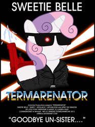 Size: 800x1067 | Tagged: safe, artist:ladyanidraws, imported from derpibooru, sweetie belle, pony, robot, unicorn, female, filly, foal, hooves, horn, parody, solo, sunglasses, sweetie bot, terminator, text, water pistol