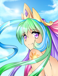 Size: 762x1000 | Tagged: safe, artist:the0ne-u-lost, imported from derpibooru, princess celestia, human, cleavage, female, humanized, long hair, looking at you, smiling, solo