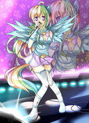 Size: 762x1048 | Tagged: safe, artist:the0ne-u-lost, imported from derpibooru, rainbow dash, human, clothes, eared humanization, female, humanized, microphone, singing, skirt, solo, tailed humanization, winged humanization