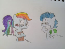 Size: 1024x768 | Tagged: safe, artist:prjc1116, imported from derpibooru, rainbow dash, soarin', pony, bipedal, blushing, book, female, glasses, male, ponytail, shipping, soarindash, straight, traditional art