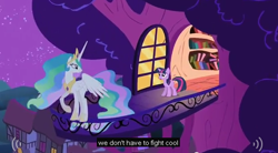 Size: 632x350 | Tagged: source needed, safe, imported from derpibooru, screencap, princess celestia, twilight sparkle, ambiguous, cool, female, golden oaks library, meme, night, youtube caption