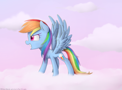 Size: 2300x1700 | Tagged: safe, artist:meotashie, imported from derpibooru, rainbow dash, cloud, cloudy, female, grin, solo, spread wings