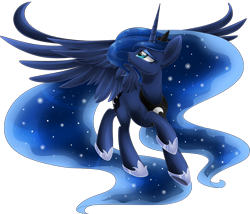 Size: 1800x1543 | Tagged: safe, artist:blackfreya, imported from derpibooru, princess luna, alicorn, blue eyes, crown, ethereal mane, female, hoof shoes, horn, jewelry, looking up, open mouth, regalia, simple background, solo, spread wings, transparent background, wings