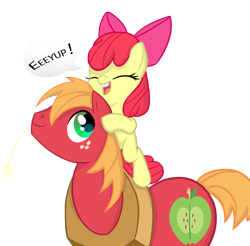 Size: 902x886 | Tagged: safe, artist:88ms-allie88, artist:abronyaccount, imported from derpibooru, apple bloom, big macintosh, earth pony, pony, adorabloom, apple bloom riding big macintosh, brother and sister, cute, duo, equestria's best big brother, female, macabetes, male, ponies riding ponies, riding, simple background, speech bubble, stallion, transparent background